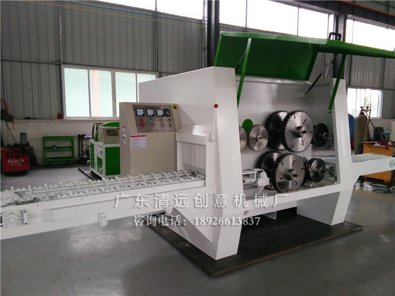 圓木多片鋸，采用超薄鋸片，出材率高達80%以上；此機型調試鋸片中間出方，兩邊出片